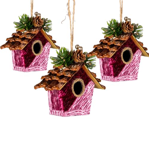 3 x rosafarbenes Vogelhaus 10 x 11 cm – Weihnachtsbaum-Hängedekorationen, Festliche dekorative Ornamente, Märchen-Thema, Weihnachtsbaum-Anhänger von SHATCHI