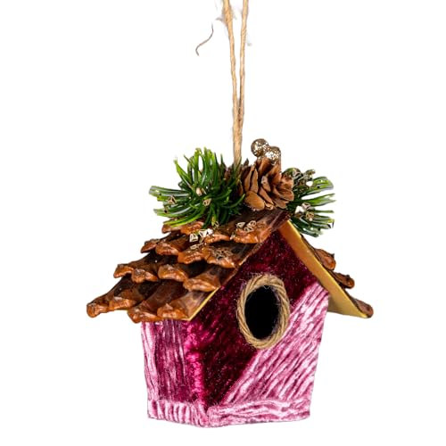 Vogelhaus, 10 x 11 cm, Weihnachtsbaum-Hängedekoration, Festliche, dekorative Ornamente, Märchen-Motiv, Weihnachtsbaum-Anhänger, Rosa von SHATCHI