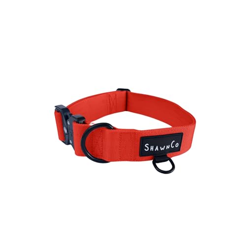 ShawnCo Basecamp Hundehalsband, hochwertiges verstellbares strapazierfähiges Nylon, taktisches Hundehalsband mit Metallschnalle für mittelgroße und große Hunde (Mustang Rot, L) von SHAWNCO