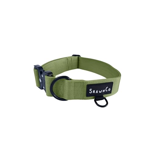 ShawnCo Basecamp Hundehalsband, hochwertiges verstellbares strapazierfähiges Nylon, taktisches Hundehalsband mit Metallschnalle für mittelgroße und große Hunde (Olivgrün, L) von SHAWNCO