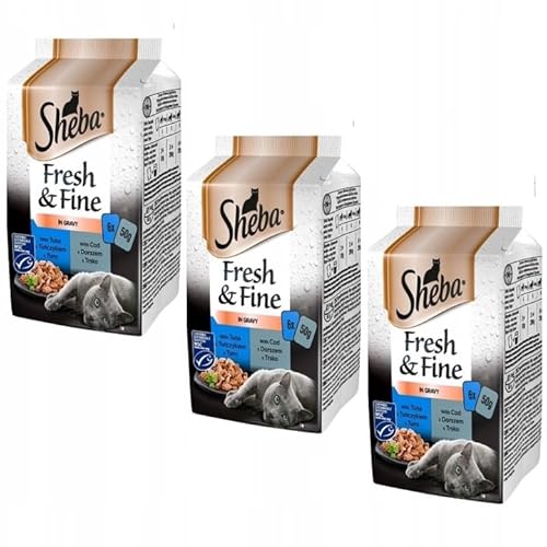 SHEBA Fresh & Fine Nassfutter für Katzen in Soße mit Thunfisch und Kalejau 18 Portionsbeutel à 50g (3 x 6 x 50 g) von Sheba