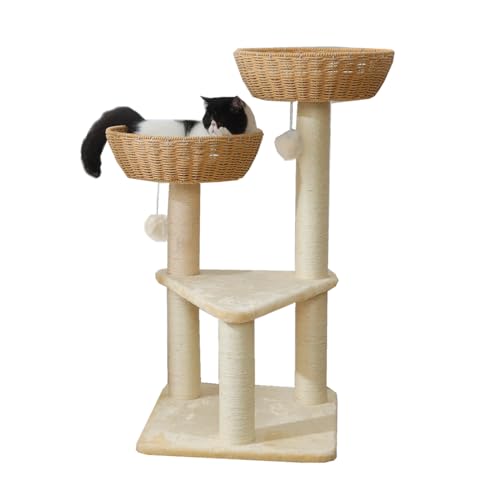 SHENGOCASE Mordern Katzenbaum Turm für große Katze mit handgewebtem Papierseilkorb Betten, Katzenfensterstange, Rattan-Weiden-Katzenbaum (2 Körbe) von SHENGOCASE