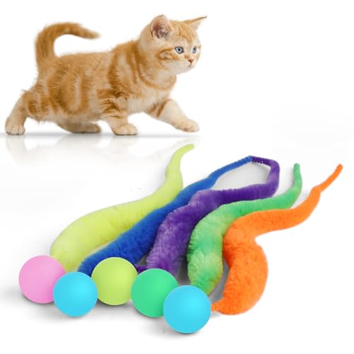 SHENGSEN Hüpfball mit Schwanz, Katzenspielzeug, 5 Packungen, großer magischer Wurm mit fluoreszierendem Ball, Spielzeug für Katzen, bunt, flauschiger Wurm, Hüpfbälle, Katzenspielzeug von SHENGSEN