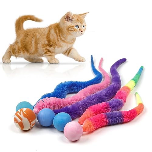 SHENGSEN Gemischter Hüpfball mit Schwanz, Katzenspielzeug, 5 Packungen, magischer Wurm mit Ball, Spielzeug für Katzen, bunt, flauschig, Wurm, Hüpfbälle, Katzenspielzeug von SHENGSEN