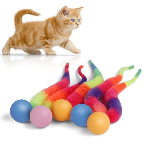 SHENGSEN Hüpfball mit Schwanz, Katzenspielzeug, Regenbogenfarben, kleiner magischer Wurm mit Ball, Spielzeug für Katzen, bunt, flauschiger Wurm, Hüpfbälle, Katzenspielzeug von SHENGSEN