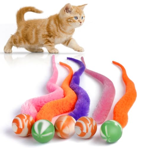 SHENGSEN Hüpfball mit Schwanz, Katzenspielzeug, magischer Wurm mit großem, buntem Ball, Spielzeug für Katzen, flauschiger Wurm, Hüpfbälle, Katzenspielzeug, 5 Stück von SHENGSEN