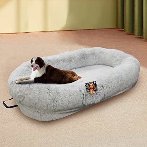 SHENJIA Großes menschliches Hundebett, Sitzsack-Bett für Erwachsene, Kinder und Haustiere, bequemes Plüsch, große Hundebetten mit Memory-Schaum, mit Kissen und Decken, Grau von SHENJIA