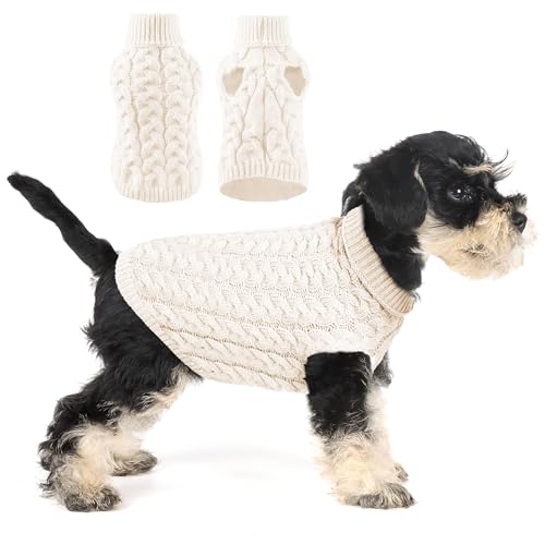 SHIAOMIN Warmer Hund Rollkragenpullover - Zopfstrick-Welpenpullover Dicke warme Hunde-Winterkleidung, kaltes Wetter für kleine und mittelgroße Hunde (Weiß, M) von SHIAOMIN