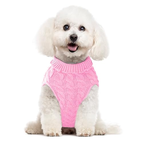 SHIAOMIN Warmer Hunde-Rollkragenpullover - Zopfstrick-Welpenpullover Dicke warme Hunde-Winterkleidung, kaltes Wetter für kleine und mittelgroße Hunde (Rosa, L) von SHIAOMIN