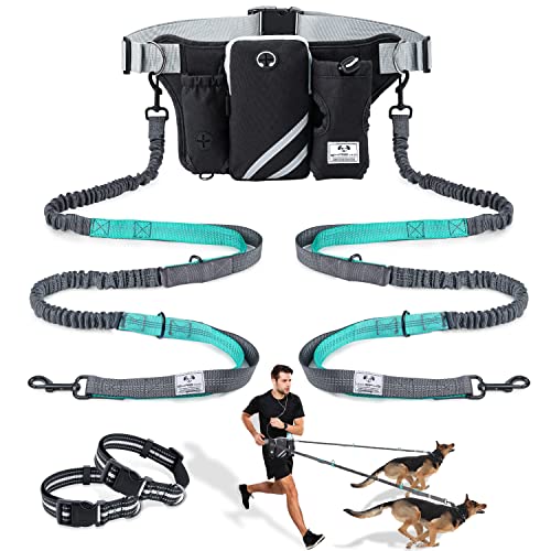 SHINE HAI Einziehbare freihändige Hundeleine mit Dual Bungees für 2 Hunde, Verstellbarer Taillengürtel, reflektierende Nähleine für Laufen, Spazierengehen, Wandern, Joggen, Radfahren, Schwarz von SHINE HAI