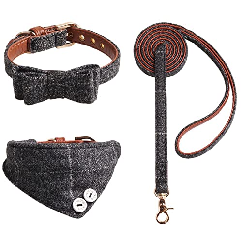 SHINROAD Hundehalsband-Set mit Schleife, kariert, bedruckt, für den Außenbereich, Größe S, Grau von SHINROAD