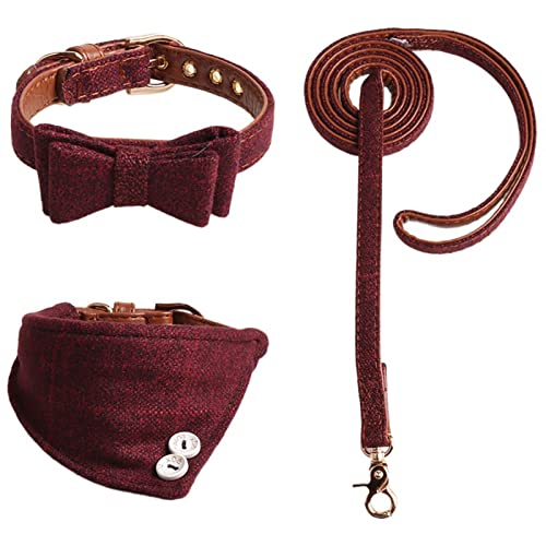 SHINROAD Hundehalsband-Set mit Schleife, kariert, mit Leine, mittelgroß, für den Außenbereich, Weinrot, Größe L von SHINROAD