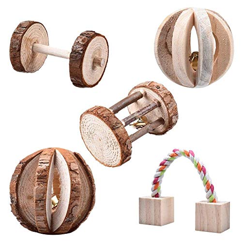 SHITOOMFE Schleifspielzeug Haustier 5pcs Hamster Holzkauen Spielzeug kleine Haustiere Natural Pine Dumbells Einheit Glocken Roller Playtoy für Kaninchen Ratte von SHITOOMFE