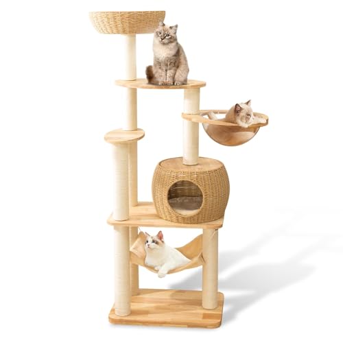 149,9 cm großer moderner Katzenbaum Turm, Katzenturm Sisalüberzogene Kratzbäume für Indoor-Katzen, Eichenholz-Katzenbaum für große Katzen, mehrstufige Katzenhütte mit Weltraumkapselnest, Katzenmöbel von SHODMI