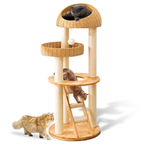 Big Modern Design Katzenbaum Turm, Katzenturm Sisal überzogene Kratzbäume für Indoor Katzen, Natur Eiche Holz Katzenbaum für Große Katzen, Mehrstöckige Katzenhütte mit Sisaltreppe von SHODMI