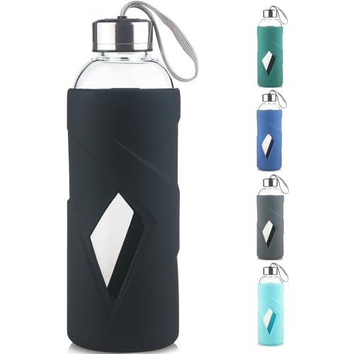 SHOW INGENUITY 1 Liter / 1L Trinkflasche Glas mit Silikonhülle 1000ml Borosilikatglas Wasserflasche mit Abdeckung aus Edelstahl BPA frei Glasflasche von SHOW INGENUITY