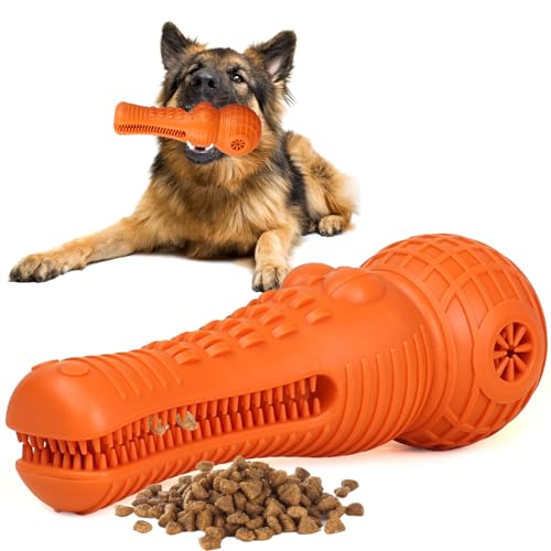 SHRADS 3 in 1 Kauspielzeug für Hunde, unzerstörbares Hundespielzeug, quietschendes Kauspielzeug für Hunde, das die Zähne reinigt, als Beißstab und Futterleckstab fungiert (orange Farbe) von SHRADS