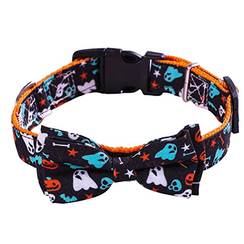 SHTGOI 1 Stück Halloween Haustierhalsband Verstellbarer Hundehalsband Katzenhalsband Katzenfliege mit Fliege und Abnehmbarer Druckknöpfe für Kleine Mittelgroße und Große Hunde Schwarz Geist L von SHTGOI