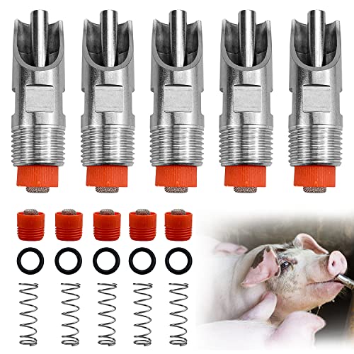 5 Stücke Edelstahl Schweine Nippel Tränke Feeder, Automatische Schweine Nippel Tränke Ferkel Trinker Werkzeug für Geflügel, mit 5 Sets von Teilen (Kunststoffdüse, Feder, Gummiring) von SHUIYUE