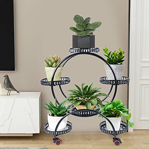 SHZICMY Blumenregal, Topfpflanzenständer Regal mit Rad Metall Eeisen Blumentöpfe Pflanzendisplay, Blumenbank für Indoor Outdoor Garten Deko mit Sechs Großen Tabletts (Schwarz) von SHZICMY