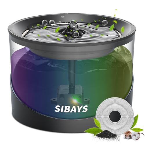 SIBAYS 74oz/2.2L Katzenbrunnen, Trinkbrunnen für Katze Hunde, Automatischer Wasserbrunnen für Haustier, Geräuscharme Wasserpumpen, Aktivkohlefilter, Buntes LED-Licht von SIBAYS