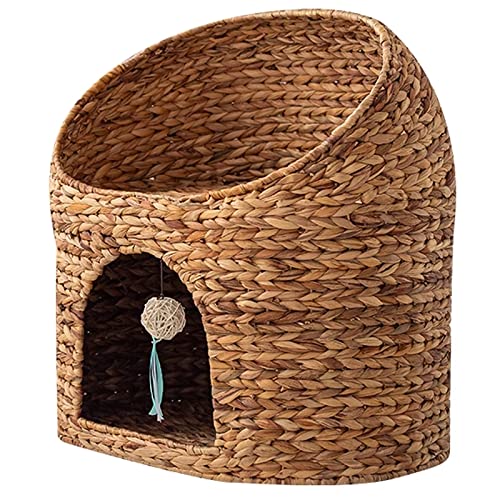 Katzenkörbchen Katzenhöhle Handgewebt Wasserhyazinthe Rattan Katzenhöhle Katzenhütte Katzenbett mit Liegedach Haustierbett für Hunde und Katzen, 56x40x56 cm von SIDID