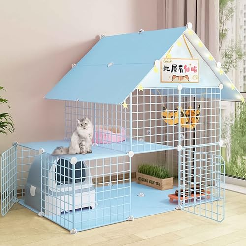 SIDID Katzengehege Indoor DIY Katzenkäfig Groß mit Dach, Faltbar Kleintierkäfig Balkon, Pink/Blue Metal Cattery with Tur Leicht Zu Montieren, 6 Größen(Blue,111x75x110cm) von SIDID