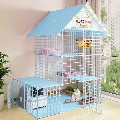 SIDID Katzengehege Indoor DIY Katzenkäfig Groß mit Dach, Faltbar Kleintierkäfig Balkon, Pink/Blue Metal Cattery with Tur Leicht Zu Montieren, 6 Größen(Blue,111x75x146cm-A) von SIDID