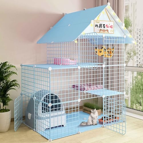 SIDID Katzengehege Indoor DIY Katzenkäfig Groß mit Dach, Faltbar Kleintierkäfig Balkon, Pink/Blue Metal Cattery with Tur Leicht Zu Montieren, 6 Größen(Blue,111x75x146cm-B) von SIDID