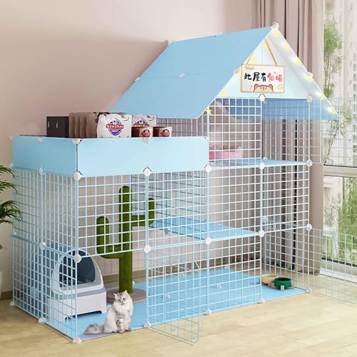 SIDID Katzengehege Indoor DIY Katzenkäfig Groß mit Dach, Faltbar Kleintierkäfig Balkon, Pink/Blue Metal Cattery with Tur Leicht Zu Montieren, 6 Größen(Blue,147x75x146cm) von SIDID