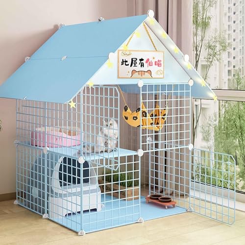 SIDID Katzengehege Indoor DIY Katzenkäfig Groß mit Dach, Faltbar Kleintierkäfig Balkon, Pink/Blue Metal Cattery with Tur Leicht Zu Montieren, 6 Größen(Blue,75x75x110cm) von SIDID