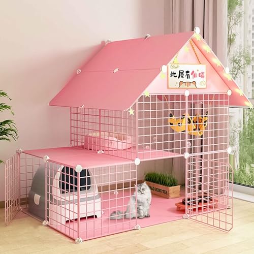 SIDID Katzengehege Indoor DIY Katzenkäfig Groß mit Dach, Faltbar Kleintierkäfig Balkon, Pink/Blue Metal Cattery with Tur Leicht Zu Montieren, 6 Größen(Pink,111x75x110cm) von SIDID