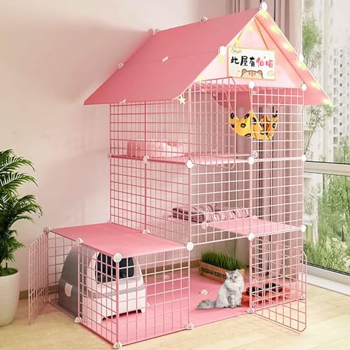 SIDID Katzengehege Indoor DIY Katzenkäfig Groß mit Dach, Faltbar Kleintierkäfig Balkon, Pink/Blue Metal Cattery with Tur Leicht Zu Montieren, 6 Größen(Pink,111x75x146cm-A) von SIDID