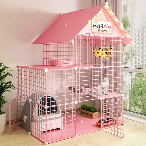 SIDID Katzengehege Indoor DIY Katzenkäfig Groß mit Dach, Faltbar Kleintierkäfig Balkon, Pink/Blue Metal Cattery with Tur Leicht Zu Montieren, 6 Größen(Pink,111x75x146cm-B) von SIDID