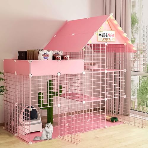 SIDID Katzengehege Indoor DIY Katzenkäfig Groß mit Dach, Faltbar Kleintierkäfig Balkon, Pink/Blue Metal Cattery with Tur Leicht Zu Montieren, 6 Größen(Pink,147x75x146cm) von SIDID