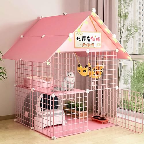 SIDID Katzengehege Indoor DIY Katzenkäfig Groß mit Dach, Faltbar Kleintierkäfig Balkon, Pink/Blue Metal Cattery with Tur Leicht Zu Montieren, 6 Größen(Pink,75x75x110cm) von SIDID