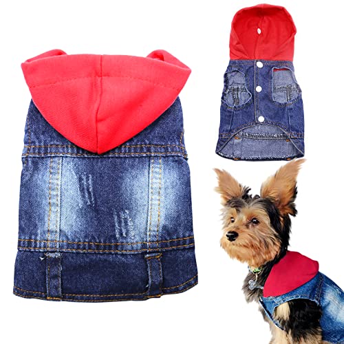 SILD Haustierkleidung Hund Jeans Jacke Cool Blue Denim Mantel für kleine, mittelgroße Hunde Revers Westen Klassische Hoodies Welpen Blau Vintage Gewaschene Kleidung (XXL, Rot-Blau) von SILD