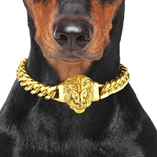 SINBADA Hundekette mit Löwenanhänger mit sicherer Klickschnalle 18K Gold Edelstahl 12mm Gliederkette Halsband Heavy Duty Metallhalsband für kleine und mittelgroße Hunde (16 Zoll) von SINBADA