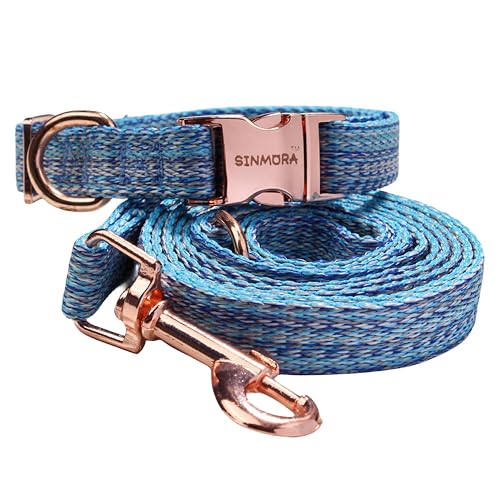 SINMORA Hundehalsband und Leine, Set mit atmungsaktiven Nylon-Leinenhalsbändern, verstellbare goldfarbene Schnalle, 1,2 m lange Hundeleine für kleine und mittelgroße Hunde (Größe S, Blau) von SINMORA