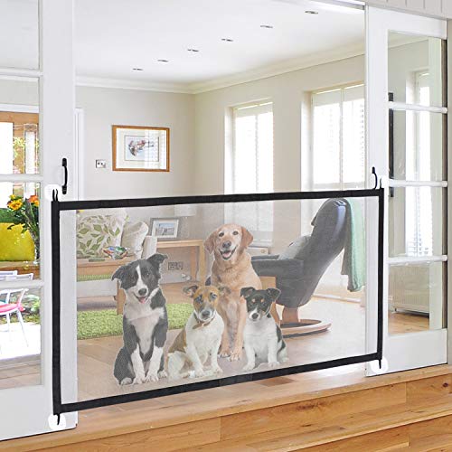 Türschutzgitter Hunde Haustiere Absperrgitter Faltbar Einziehbar Kinderschutzgitter Baby Ausziehbar Treppenschutzgitter Mesh Automatisch Hundebarrieren Tragbar Laufstall Absperrgitter 80cm x 180cm von SIQITECH