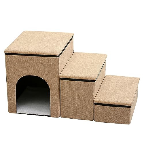 SIUKE Hundetreppe zum Bett,Haustiertreppe, faltbare Hundetreppe, bequem und langlebig, Drei-in-eins-Design-Treppe mit Stauraum und Haustierhaus, 3-Stufen-Haustiertreppe, rutschfeste Hunderampe für kle von SIUKE