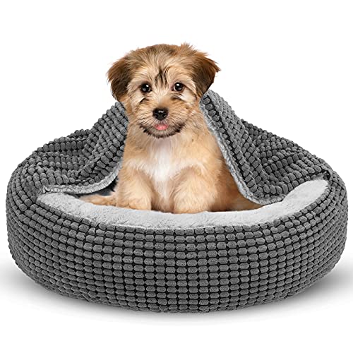 Siwa Mary Kleines Hundebett mit befestigter Decke, gemütliches Donut-Bett, Anti-Angstgefühle, mit Kapuze, beruhigendes Höhlenbett, orthopädisch, rund, rutschfeste Unterseite, 58.4 cm von SIWA MARY