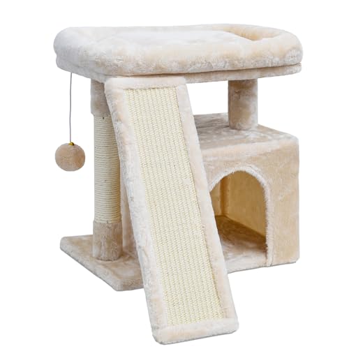 Kleiner Kratzbaum für Indoor-Katzen, Katzenturm mit Kratzbaum und Brett, Katzenhaus mit Sitzstange für Kätzchen und ausgewachsene Katzen, Katzenhütte, stabiler Katzenständer (Beige) von SIYIPURR