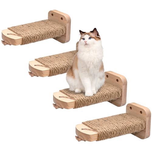 SIYUNTECH® Katzentreppe Wand(4pcs), Kletterwand Katzen, mit Einlage-Handwerkskunst, aus 2cm Massives Gummiholz, für Katze Klettern Spielen, Maximale Tragfähigkeit 35kg von SIYUNTECH