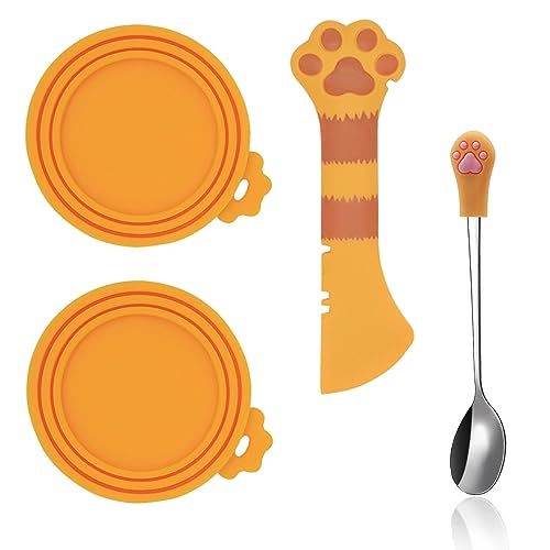 SJANE Dosenlöffel und Dosendeckel für Katzenfutter, multifunktionaler Dosenöffner, Silikon-Deckel für Tierfutter, Edelstahl-Löffel für Katzen und Hunde, Orange, 4 Stück von SJANE