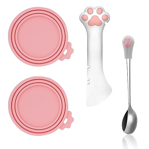 SJANE Dosenlöffel und Dosendeckel für Katzenfutter, multifunktionaler Dosenöffner, Silikon-Deckel für Tierfutter, Edelstahl-Löffel für Katzen und Hunde, Rosa, 4 Stück von SJANE