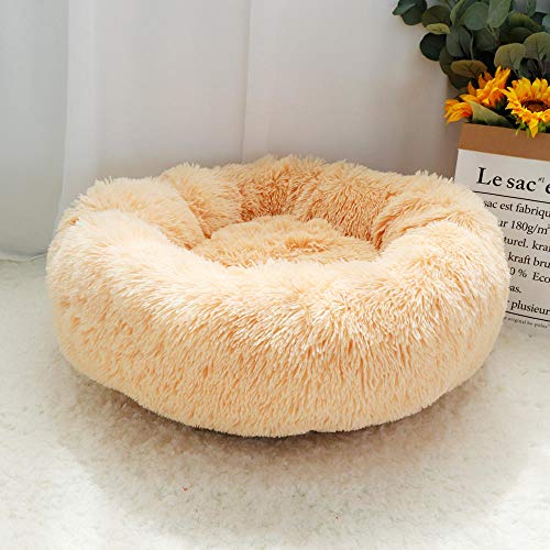 SJHDHDA Warmes Fleece-Hunde- und Katzenbett, rund, Hundehütte, Haustier-Katzenhaus, langes Plüsch-Schlafsofa, Welpen-Katzenbett, Matte, Kissen, Beige, 60 cm, ausgiebig gelernt von SJHDHDA