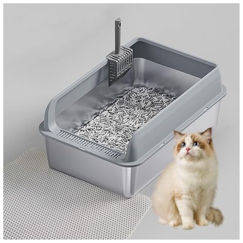 Edelstahl Katzenklo Klebt Nicht, zieht Keine Gerüche Litter Box Katzentoiletten Anti-Urin-Leckage inklusive Katzenmatte und Schaufel,Gray-40×60×10cm von SJWJWOO