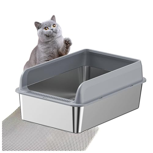 Edelstahl Katzenklo Klebt Nicht, zieht Keine Gerüche Stainless Steel Cat Litter Box XXL Katzenklo Anti-Urin-Leckage inklusive Katzenmatte und Schaufel,Gray-35×50×15cm von SJWJWOO