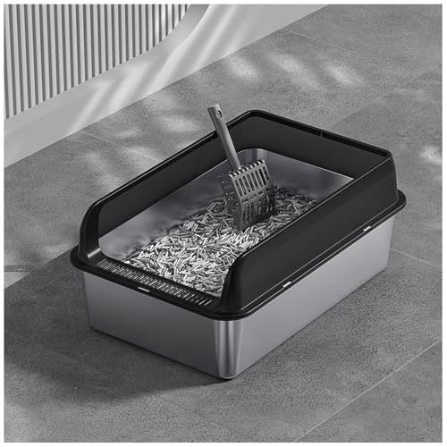 Edelstahl Katzenklo Niemals Gerüche, Antihaft Stainless Steel Litter Box Katzenklo Edelstahl XXL Anti-Urin-Leckage inklusive Katzenmatte und Schaufel,Black-35×50×10cm von SJWJWOO